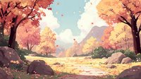 Scenic autumn landscape with vibrant orange and yellow trees, mountain backdrop, and winding path through a peaceful meadow. Falling leaves create seasonal atmosphere.