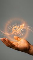 Hand holding glowing upward arrow with gear and financial growth icons, representing business success, investment returns, and economic development strategy for corporate growth.