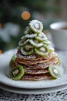 Creative Christmas tree pancakes with kiwi fruit slices and powdered sugar on white plate, festive breakfast idea for holiday season.
