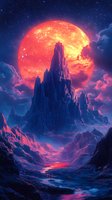 Majestic mountain peaks rise against a giant red moon in cosmic landscape, with mystical purple clouds and glowing river flowing through rocky valley at dusk.