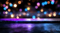 Dreamy night seascape with colorful bokeh lights reflecting on calm ocean water surface, purple and blue glowing horizon creates magical atmosphere.