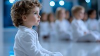 Young curly-haired boy in white uniform sitting on floor during martial arts class, other students blurred in background, blue tinted lighting creates peaceful atmosphere.