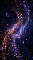 Abstract cosmic dust particles and glitter sparkles floating in deep space with purple and gold bokeh lights creating magical atmosphere for luxury designs.