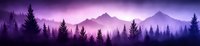 Mountain landscape with purple sunset sky and silhouetted pine trees creating layered forest scene for nature backgrounds and outdoor adventure designs.
