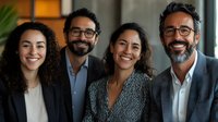 Happy diverse business team of four professionals smiling together in modern office environment for corporate teamwork and collaboration concepts.