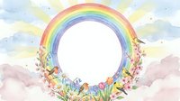 Watercolor rainbow circle frame with spring flowers and birds on cloudy sky background, perfect for greeting cards, invitations and seasonal designs.