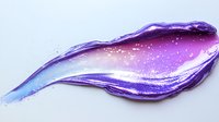 Purple and blue metallic liquid paint stroke with glossy finish and sparkles on white background for cosmetic and artistic design projects.