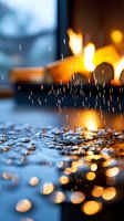 Raindrops falling on wet surface with golden bokeh lights creating magical atmosphere. Reflections of warm evening lights sparkle through water drops on dark background.