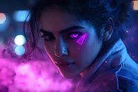 Young Hispanic woman with glowing neon pink cyberpunk facial markings and dramatic makeup in moody night lighting with bokeh effects. Futuristic portrait for gaming designs.