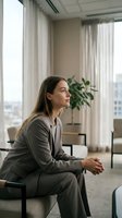 Professional businesswoman in gray suit sitting thoughtfully in modern office space with natural light and urban view through large windows.