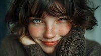 Portrait of young woman with freckles, blue eyes, and wavy dark hair wearing cozy brown sweater, smiling warmly at camera.