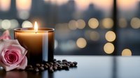 Glowing aromatic candle with pink rose and coffee beans against blurred city lights background creates romantic evening atmosphere for spa and relaxation.