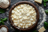 Fresh white feta cheese cubes in wooden bowl with flour and basil leaves on dark stone background, top view composition for Mediterranean cuisine.