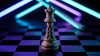 Ornate chess king piece on checkered board with vibrant neon lighting effects creating strategic gaming atmosphere for business and competition concepts.