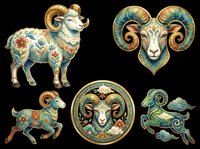 Ornate Aries ram clipart set with floral folk art details in teal and gold, isolated on transparent background. Great for stickers, t-shirt design, and print on demand.