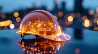 Glass sphere reflecting golden city lights at twilight with bokeh background creating magical urban atmosphere for creative projects and design concepts.