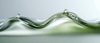 Macro photography of liquid wave formation with small water drops on smooth curved surface in light green and white tones creating minimalist abstract composition.