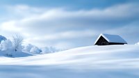 Solitary wooden cabin on snow-covered hill against misty winter mountain landscape with soft blue tones and pristine white snow drifts creating serene minimalist scene.