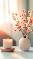 Glowing candle and delicate coral flowers in white ceramic vase create serene atmosphere on light surface. Minimalist home decor with soft natural lighting.