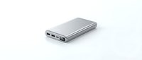 Silver portable power bank with multiple USB ports on white background isolated for technology and mobile device charging concepts.