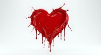 Red paint dripping heart shape with splashes isolated on white background for romantic design projects and Valentine's Day decorations.