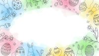 Easter frame with colorful watercolor background featuring hand drawn eggs, bunnies, flowers and spring elements for holiday greeting cards.