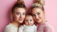 Happy family portrait of two young Caucasian women with blonde hair in buns holding adorable baby against soft pink background for motherhood concepts.
