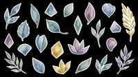 Watercolor botanical sticker set with leaves, gems, and floral elements isolated on transparent background. Ready for stickers, t-shirt design, and print on demand.