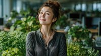 Young Asian woman smiling while shopping for fresh leafy greens at modern grocery store produce section with abundant vegetables in background.