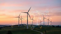 Wind turbines at sunset with glowing digital circuit overlay, symbolizing smart renewable energy technology and green power innovation.