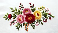 Embroidered floral bouquet with pink and yellow flowers, green leaves and red berries on white fabric. Decorative needlework design for textile crafts.