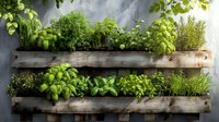 Fresh herbs growing in rustic wooden pallet planter against concrete wall, vertical garden with basil, rosemary, thyme, and other culinary plants.