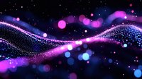 Glowing purple and blue waves with sparkles and bokeh lights on dark background create magical cosmic atmosphere. Abstract digital art design element.