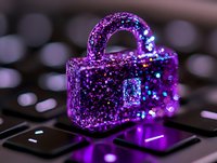 Glowing purple padlock with sparkles and glitter on computer keyboard in dark, cybersecurity concept with magical neon lighting effect and bokeh background.