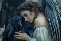 Young woman in vintage dress embraces black raven, dark wings spread behind her, mystical fantasy portrait with dramatic lighting and ethereal atmosphere.
