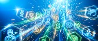 Digital technology network with glowing icons and data streams in blue and green colors representing connectivity, artificial intelligence and cyber communication.