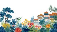 Asian temple pagoda surrounded by lush tropical garden with colorful flowers and foliage on white background for design projects.