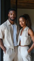 Young African American couple in matching cream-colored casual outfits standing together indoors. Fashion portrait showcasing modern minimalist style and coordinated clothing.
