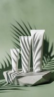 Blank white cosmetic tubes and bottles arranged on stone platform with tropical palm leaf shadows on soft green background for skincare product branding.