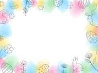 Pastel rainbow watercolor Easter frame with eggs, bunny and spring flowers on white background for greeting cards, invitations and seasonal designs.