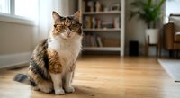Adorable tabby cat wearing glasses sitting on wooden floor in modern living room with bookshelf and plants in background for pet care concepts.