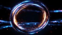 Glowing blue and orange energy ring with sparkling particles against dark background creates futuristic portal effect for technology and science concepts.