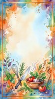 Watercolor cooking frame with vibrant rainbow splashes, fresh vegetables, kitchen utensils, and herbs surrounding a blank center space. Ideal for recipe cards, culinary blogs, menus, and food-related designs.