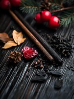 Moody winter composition with dried cranberry, cinnamon sticks, pine cones and red berries on dark wooden background. Seasonal spices and natural elements.