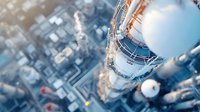 Aerial view of industrial tower with metal structure against urban cityscape background, modern engineering architecture photographed from above.