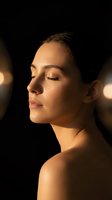 Serene young woman with closed eyes in warm golden light against dark background for meditation wellness and mindfulness concepts.