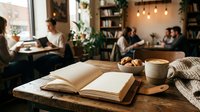 Cozy coffee shop interior with open book on wooden table, warm lighting and people working in background creating perfect study atmosphere.