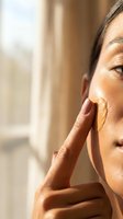 Close-up of mature Asian woman applying skincare cream to face in natural sunlight by window for anti-aging beauty routine and wellness lifestyle.
