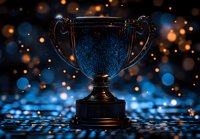 Championship trophy on dark background with glowing blue light and golden bokeh particles creating magical atmosphere for sports victory celebration.