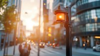 Glowing traffic light at sunset on urban street with blurred city background, warm evening atmosphere with bokeh lights and modern buildings.